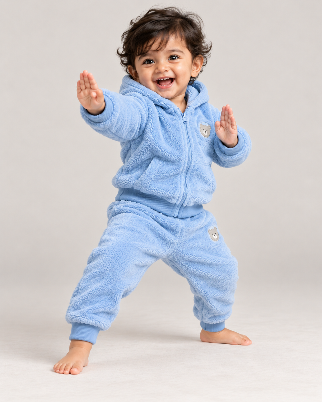 Toddler in a karate pose wearing the Sky Blue set (illustrative image)